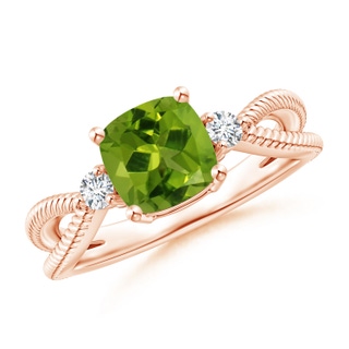 7mm AAAA Cushion Peridot Split Shank Ring with Rope Detailing in Rose Gold