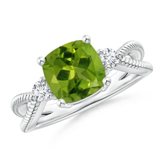 8mm AAAA Cushion Peridot Split Shank Ring with Rope Detailing in P950 Platinum