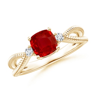6mm AAA Cushion Ruby Split Shank Ring with Rope Detailing in 9K Yellow Gold