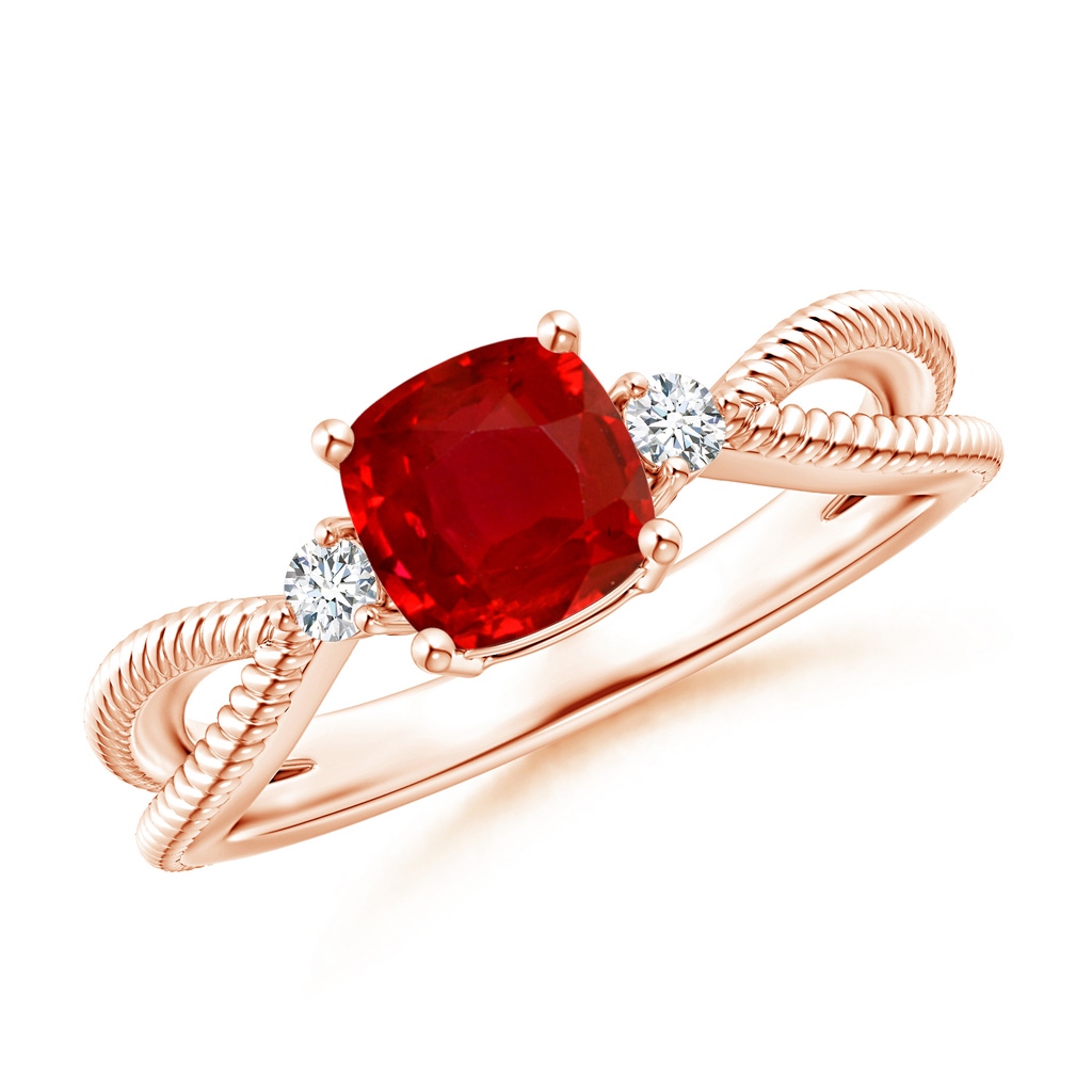 6mm AAA Cushion Ruby Split Shank Ring with Rope Detailing in Rose Gold