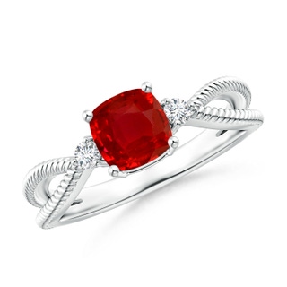 6mm AAA Cushion Ruby Split Shank Ring with Rope Detailing in White Gold