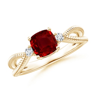 6mm AAAA Cushion Ruby Split Shank Ring with Rope Detailing in Yellow Gold