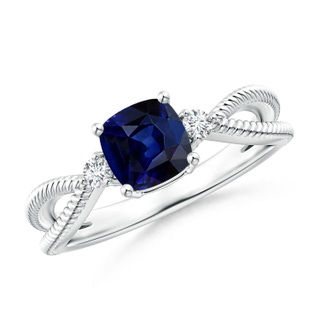 6mm AAA Cushion Sapphire Split Shank Ring with Rope Detailing in White Gold