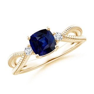 6mm AAA Cushion Sapphire Split Shank Ring with Rope Detailing in Yellow Gold