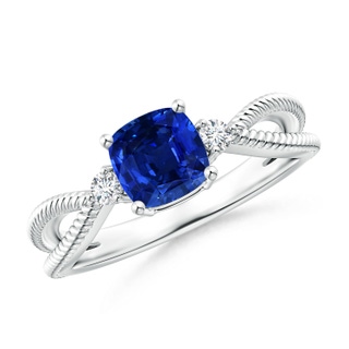 6mm AAAA Cushion Sapphire Split Shank Ring with Rope Detailing in White Gold