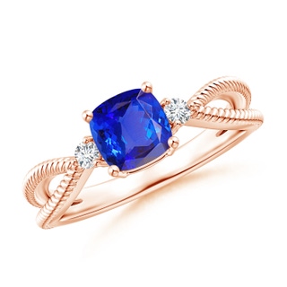 6mm AAA Cushion Tanzanite Split Shank Ring with Rope Detailing in Rose Gold