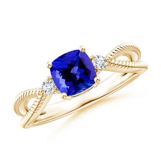 6mm AAAA Cushion Tanzanite Split Shank Ring with Rope Detailing in Yellow Gold