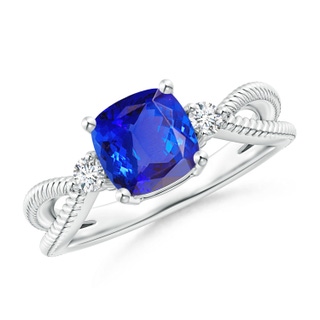 7mm AAA Cushion Tanzanite Split Shank Ring with Rope Detailing in White Gold