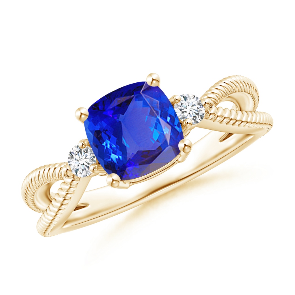 7mm AAA Cushion Tanzanite Split Shank Ring with Rope Detailing in Yellow Gold