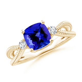 7mm AAAA Cushion Tanzanite Split Shank Ring with Rope Detailing in Yellow Gold