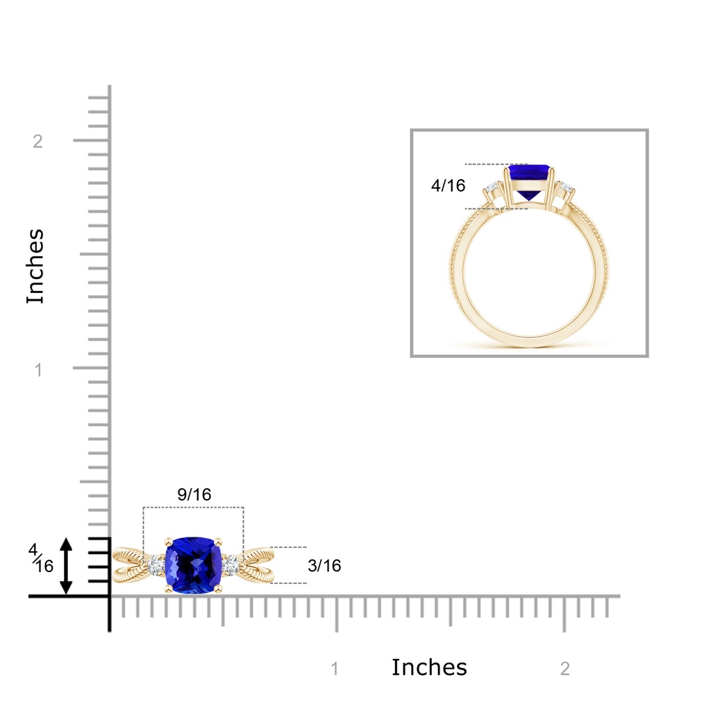 7mm AAAA Cushion Tanzanite Split Shank Ring with Rope Detailing in Yellow Gold Ruler