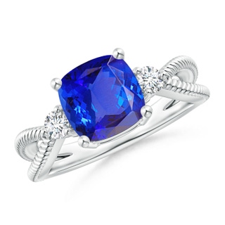 8mm AAA Cushion Tanzanite Split Shank Ring with Rope Detailing in White Gold