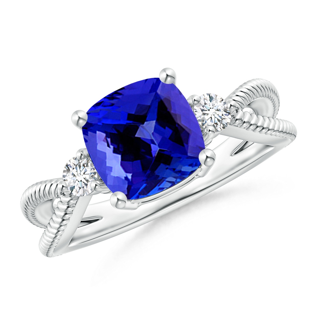 8mm AAAA Cushion Tanzanite Split Shank Ring with Rope Detailing in White Gold