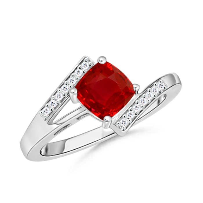 6mm AAA Solitaire Cushion Ruby Bypass Ring with Diamond Accents in White Gold