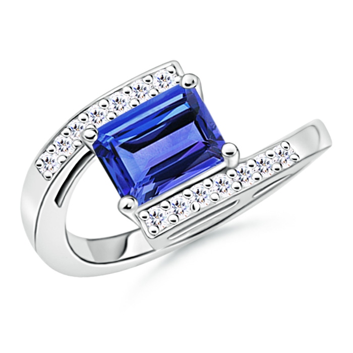 8x6mm AAA Solitaire Emerald-Cut Tanzanite Bypass Ring with Diamond Accents in White Gold