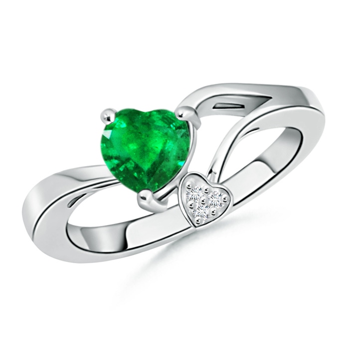 6mm AAA Emerald Double Heart Bypass Ring with Diamond in White Gold