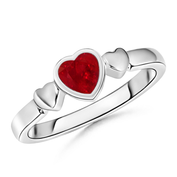 5mm AAA Bezel-Set Solitaire Ruby Triple Heart Ring in White Gold 