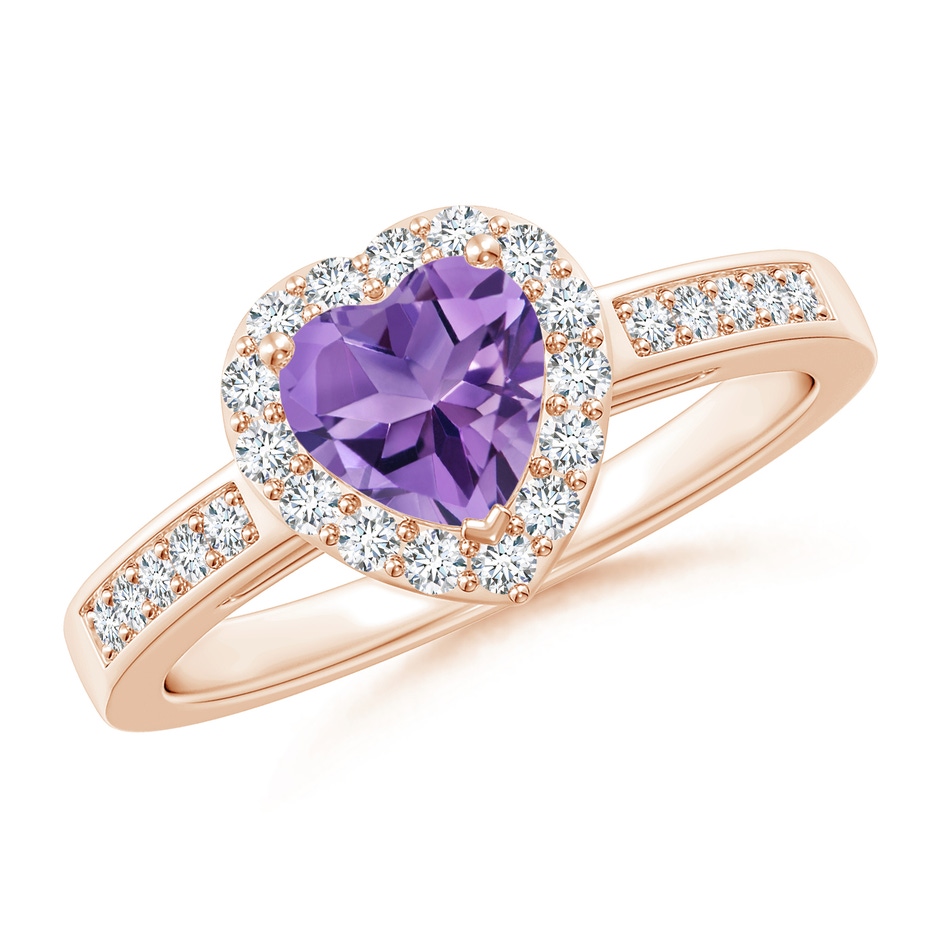 6mm AA Heart-Shaped Amethyst Halo Ring with Diamond Accents in Rose Gold 