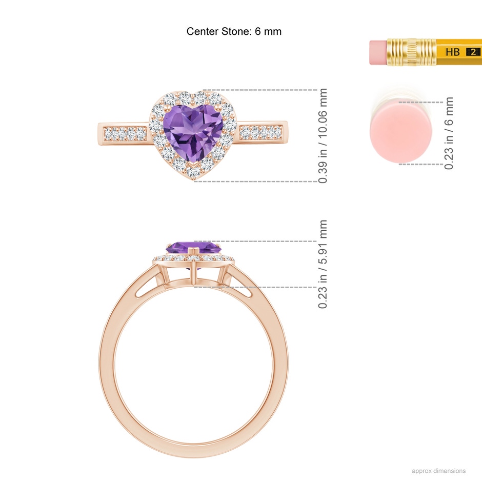6mm AA Heart-Shaped Amethyst Halo Ring with Diamond Accents in Rose Gold ruler