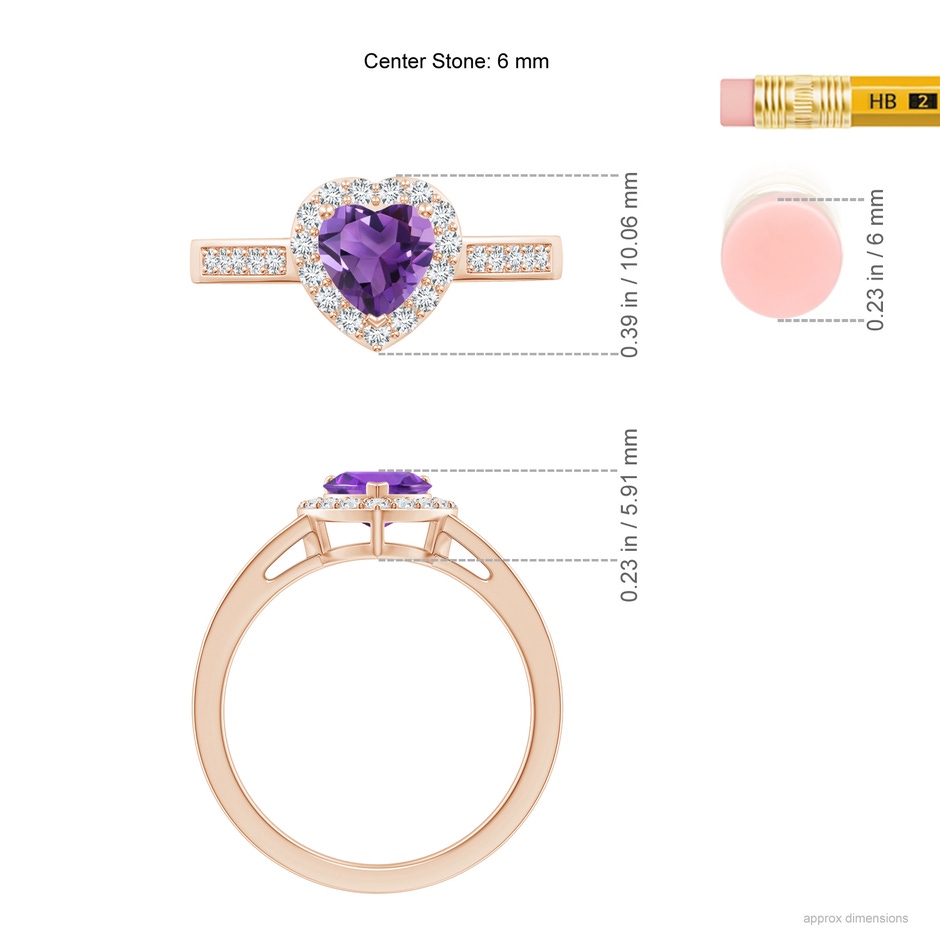 6mm AAA Heart-Shaped Amethyst Halo Ring with Diamond Accents in Rose Gold ruler