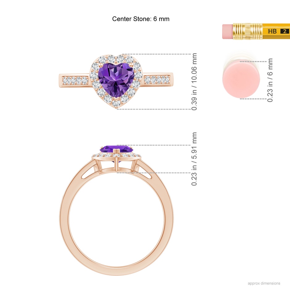 6mm AAAA Heart-Shaped Amethyst Halo Ring with Diamond Accents in Rose Gold ruler