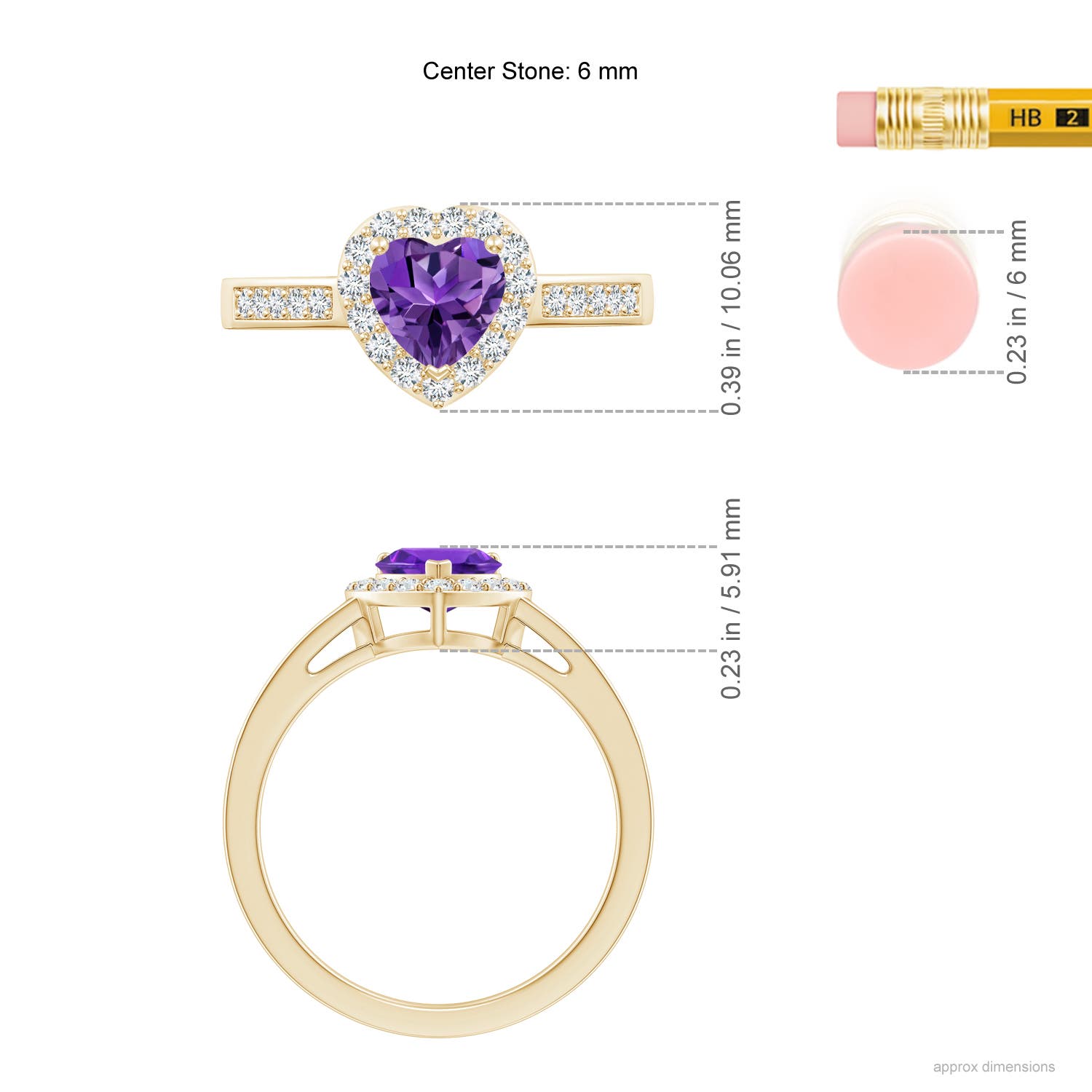 6mm AAAA Heart-Shaped Amethyst Halo Ring with Diamond Accents in Yellow Gold - ruler
