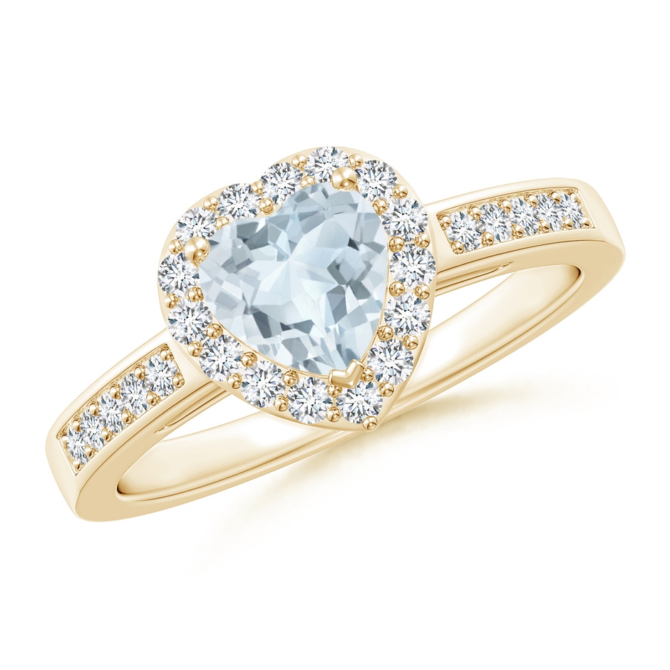 6mm A Heart-Shaped Aquamarine Halo Ring with Diamond Accents in Yellow Gold 