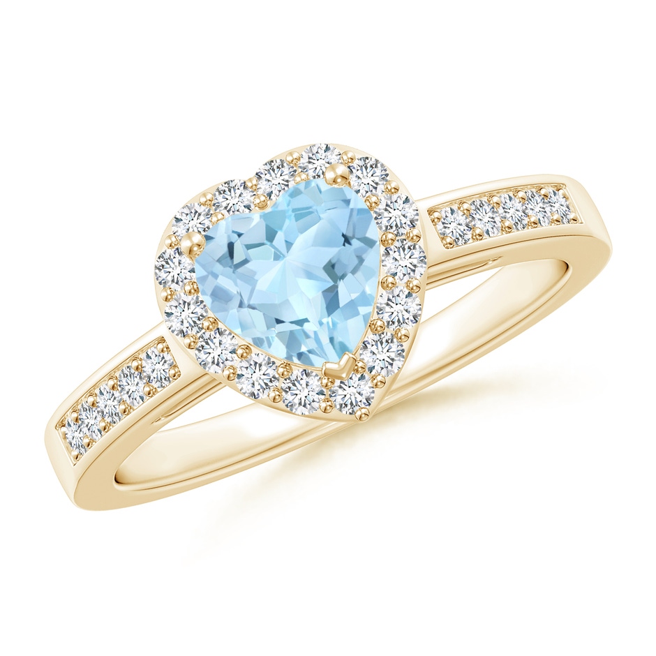 6mm AAA Heart-Shaped Aquamarine Halo Ring with Diamond Accents in Yellow Gold 