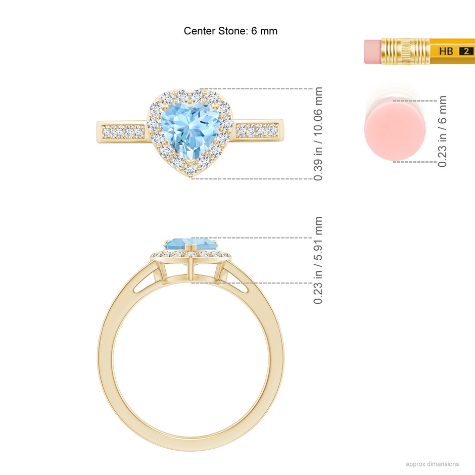 6mm AAAA Heart-Shaped Aquamarine Halo Ring with Diamond Accents in Yellow Gold ruler