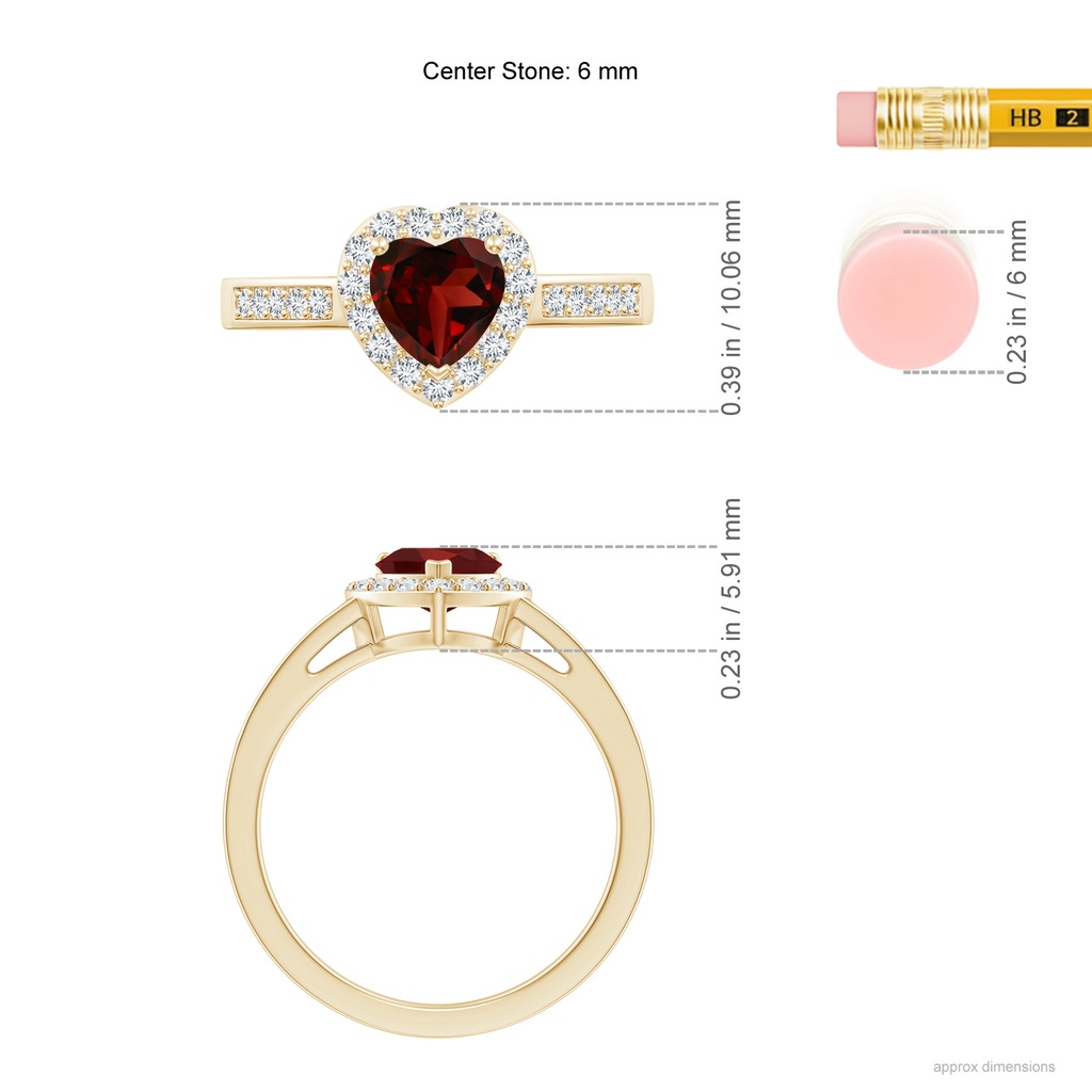 6mm AAA Heart-Shaped Garnet Halo Ring with Diamond Accents in Yellow Gold Ruler