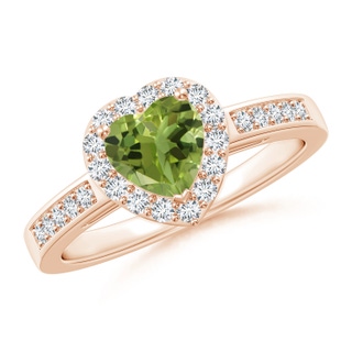 6mm AA Heart-Shaped Peridot Halo Ring with Diamond Accents in 9K Rose Gold