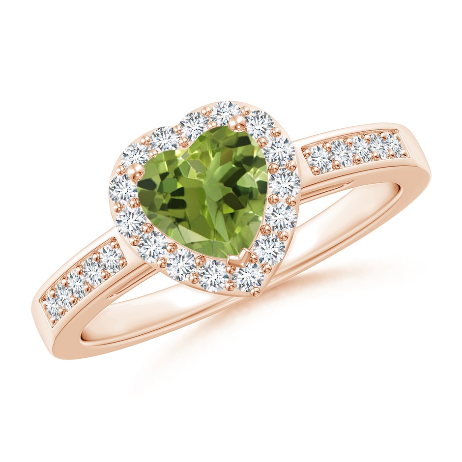 6mm AA Heart-Shaped Peridot Halo Ring with Diamond Accents in Rose Gold 