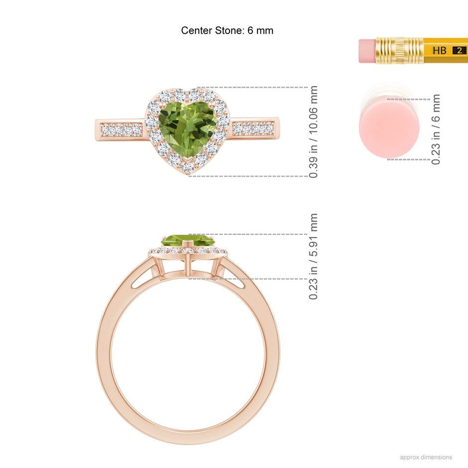 6mm AA Heart-Shaped Peridot Halo Ring with Diamond Accents in Rose Gold ruler