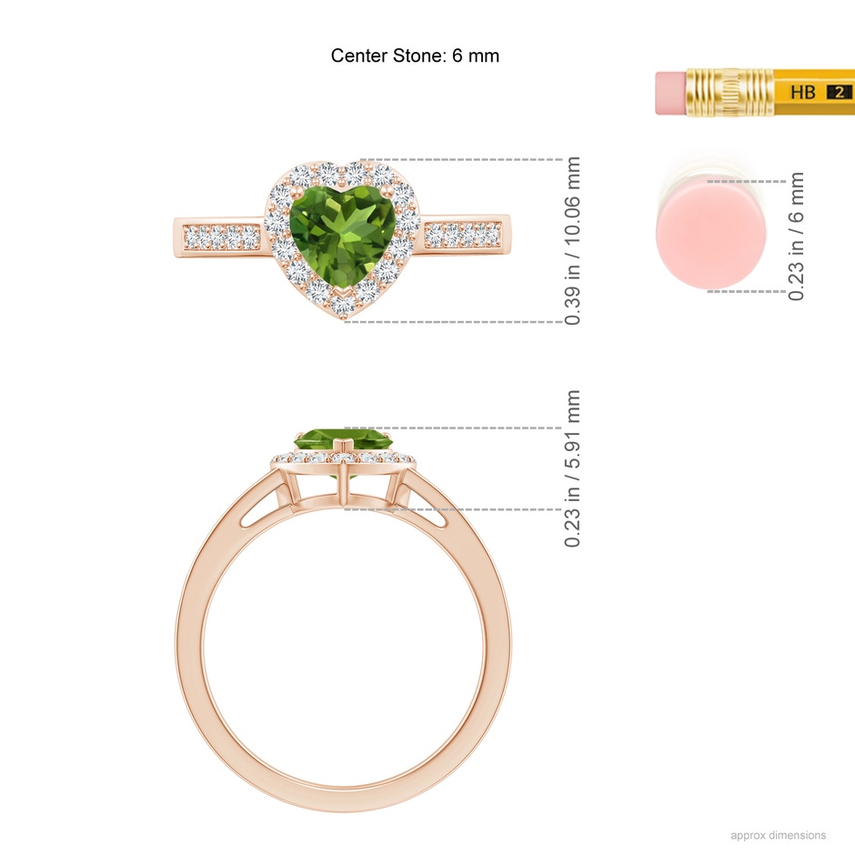 6mm AAAA Heart-Shaped Peridot Halo Ring with Diamond Accents in Rose Gold ruler