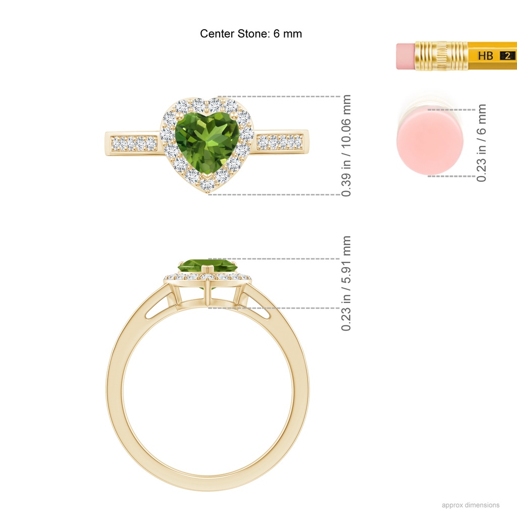 6mm AAAA Heart-Shaped Peridot Halo Ring with Diamond Accents in Yellow Gold Ruler