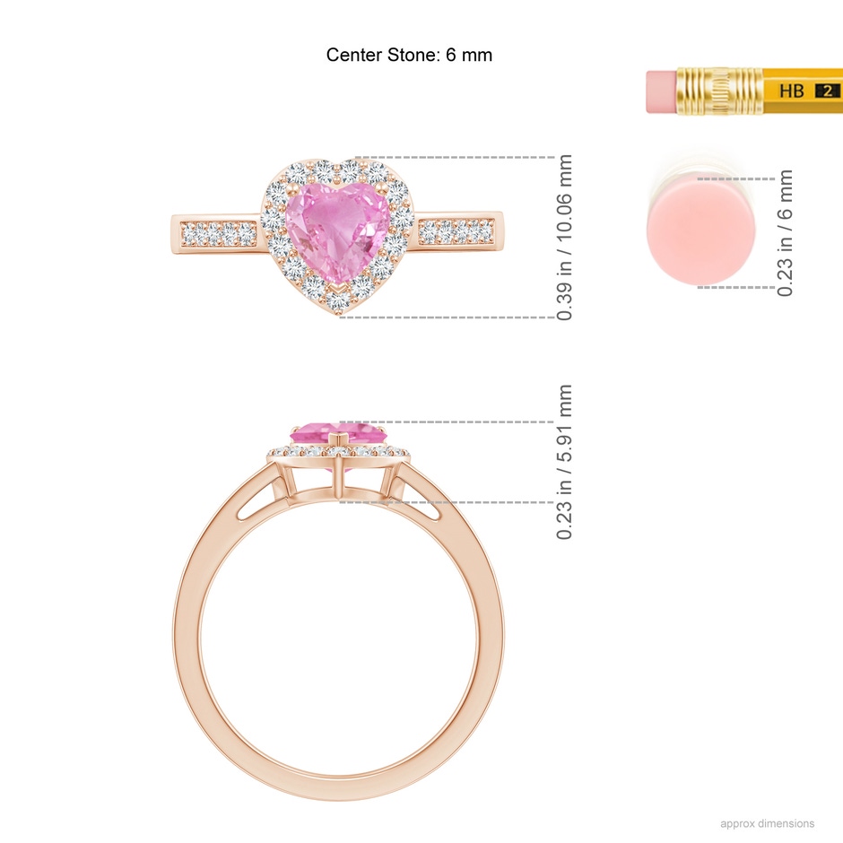 6mm A Heart-Shaped Pink Sapphire Halo Ring with Diamond Accents in Rose Gold ruler