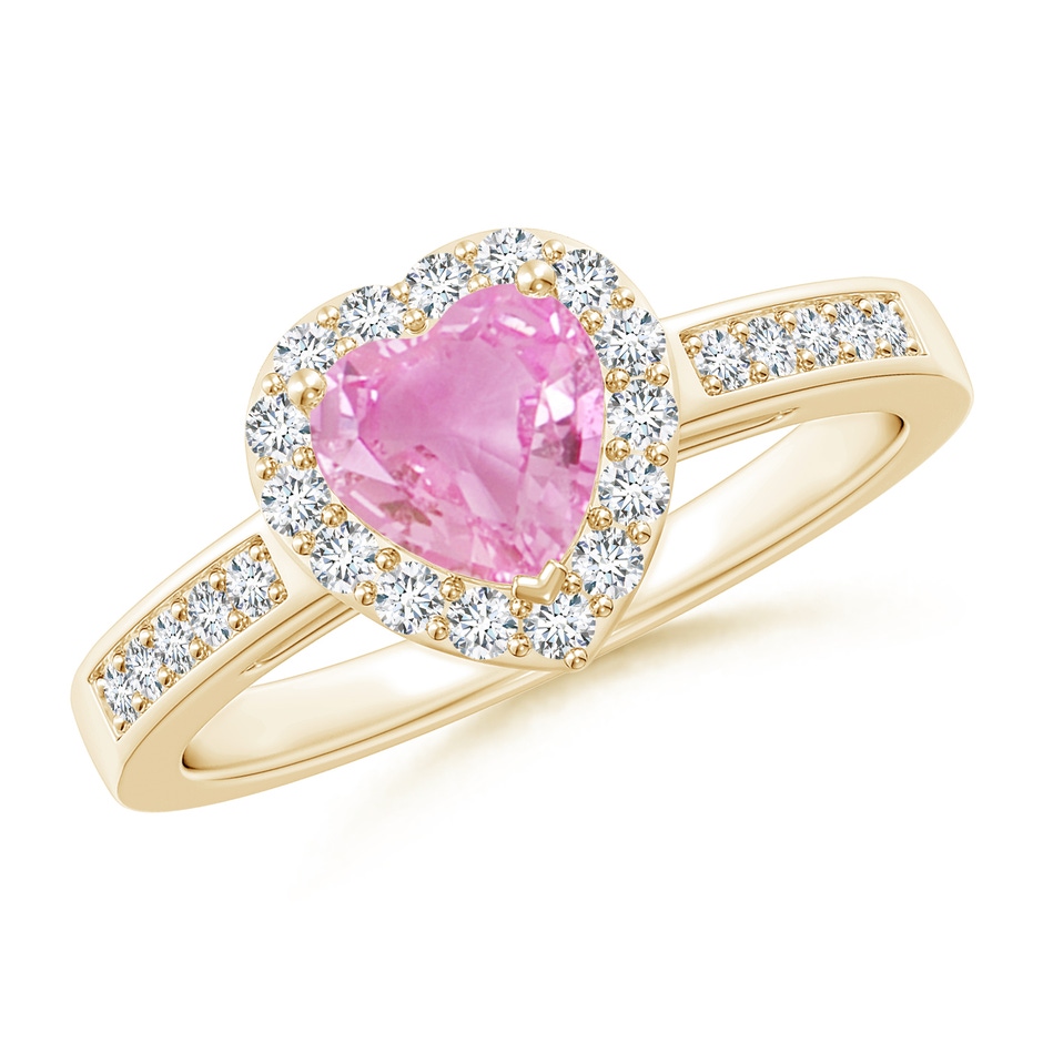 6mm A Heart-Shaped Pink Sapphire Halo Ring with Diamond Accents in Yellow Gold 