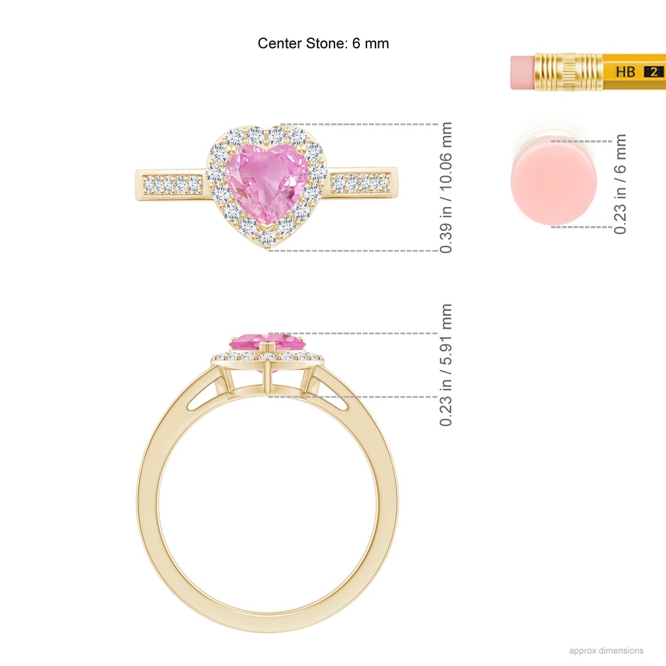6mm A Heart-Shaped Pink Sapphire Halo Ring with Diamond Accents in Yellow Gold ruler