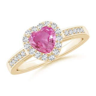 6mm AAA Heart-Shaped Pink Sapphire Halo Ring with Diamond Accents in 9K Yellow Gold