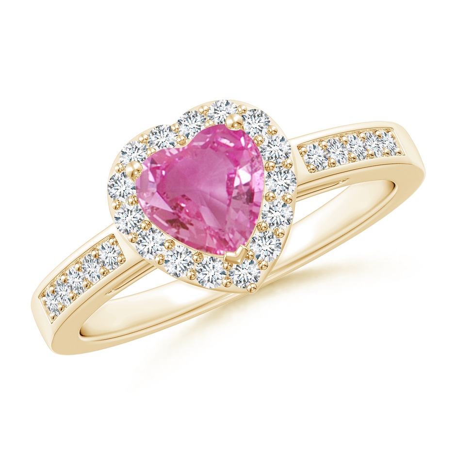 6mm AAA Heart-Shaped Pink Sapphire Halo Ring with Diamond Accents in Yellow Gold 