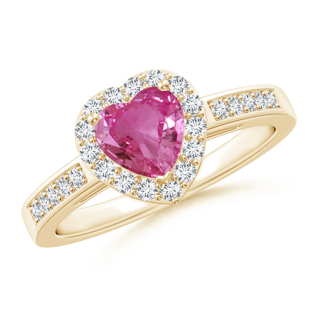 6mm AAAA Heart-Shaped Pink Sapphire Halo Ring with Diamond Accents in Yellow Gold
