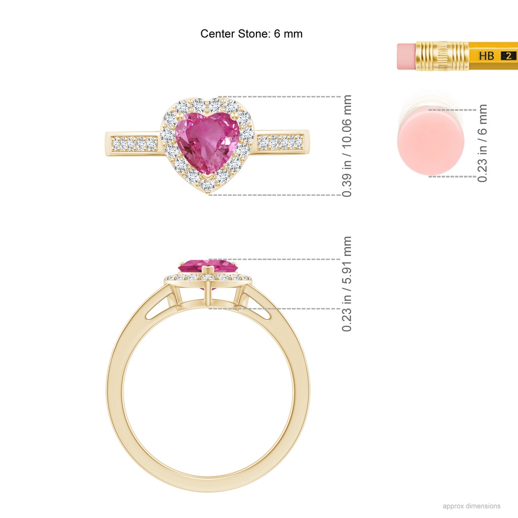 6mm AAAA Heart-Shaped Pink Sapphire Halo Ring with Diamond Accents in Yellow Gold Ruler