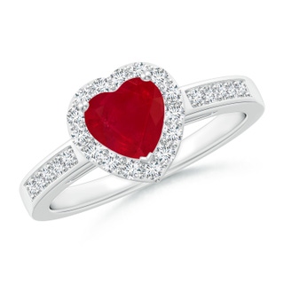 6mm AA Heart-Shaped Ruby Halo Ring with Diamond Accents in 9K White Gold