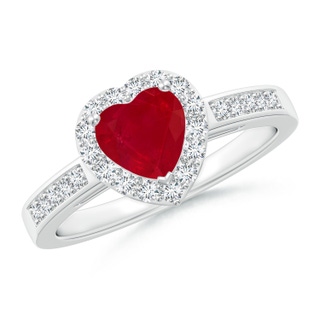 6mm AA Heart-Shaped Ruby Halo Ring with Diamond Accents in P950 Platinum