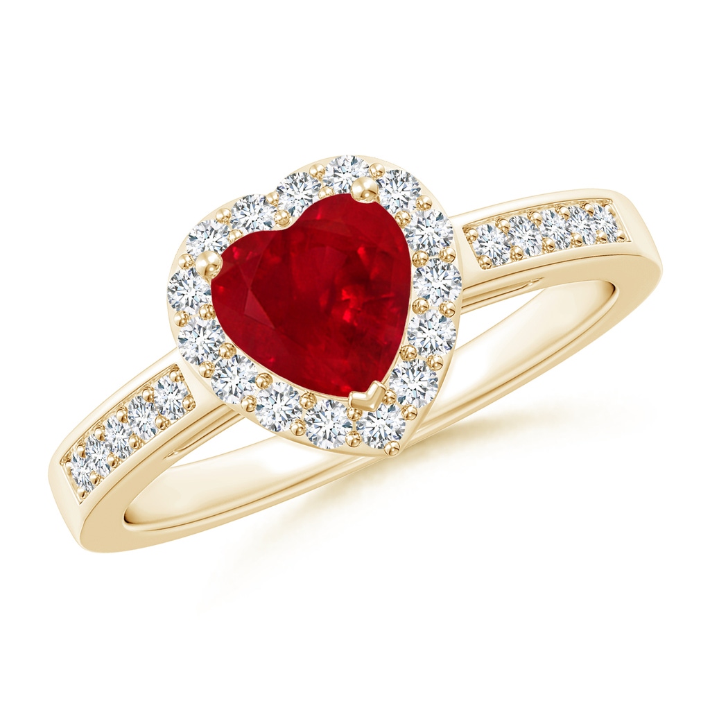 6mm AAA Heart-Shaped Ruby Halo Ring with Diamond Accents in Yellow Gold
