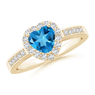 6mm AAAA Heart-Shaped Swiss Blue Topaz Halo Ring with Diamond Accents in Yellow Gold