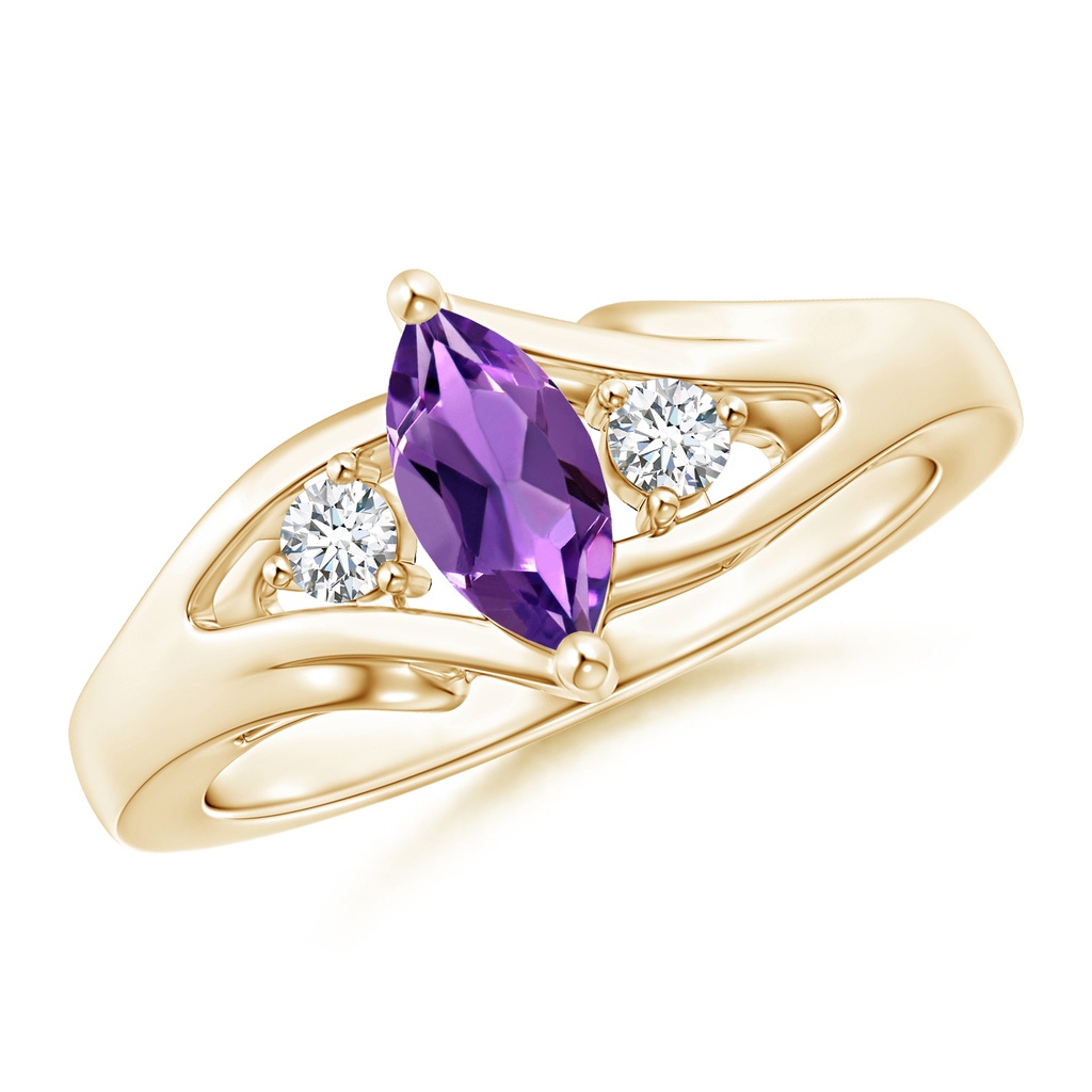 8x4mm AAA Marquise Amethyst Split Shank Ring with Diamonds in Yellow Gold