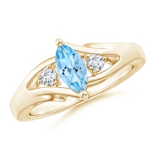 8x4mm AAAA Marquise Aquamarine Split Shank Ring with Diamonds in Yellow Gold