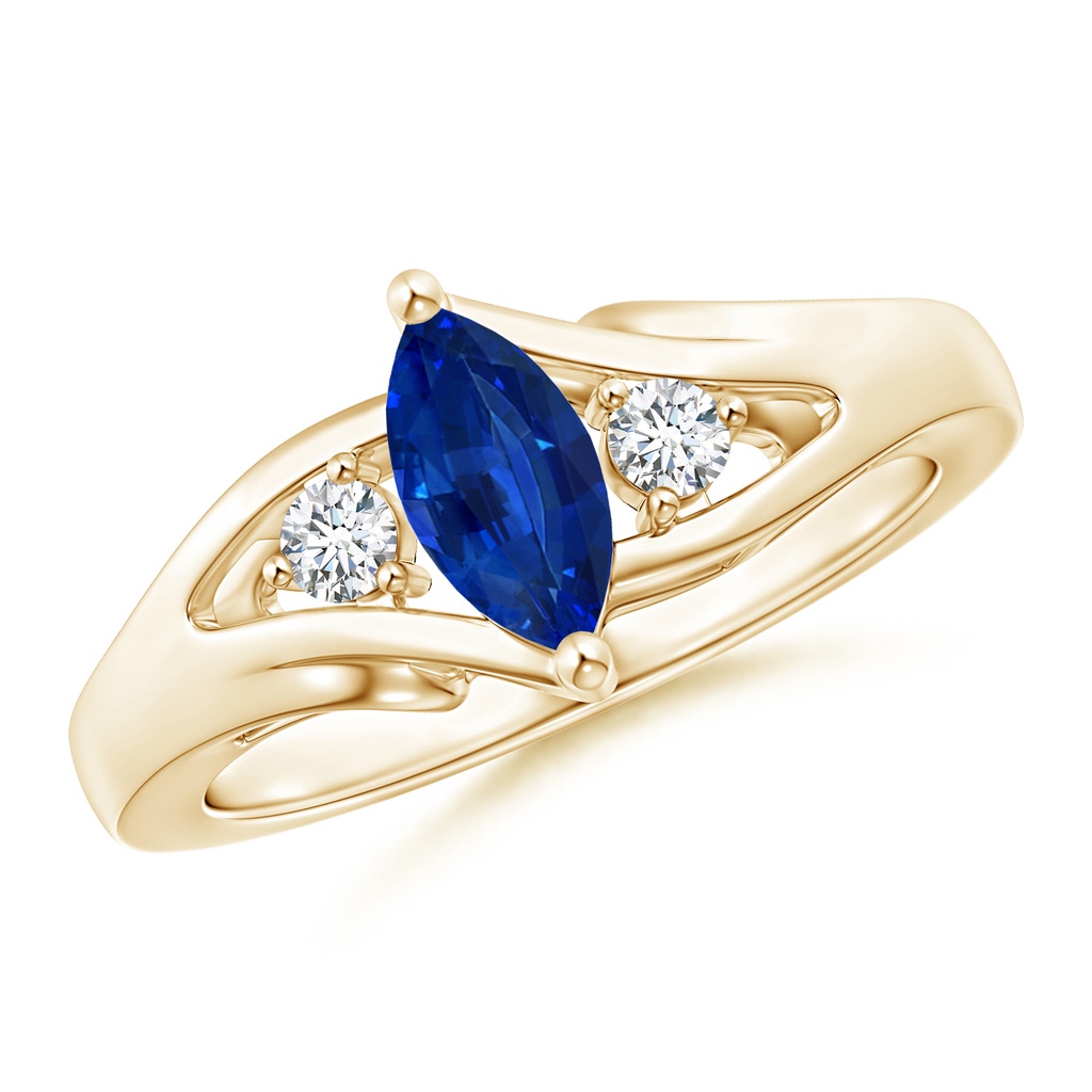 8x4mm AAAA Marquise Sapphire Split Shank Ring with Diamonds in Yellow Gold