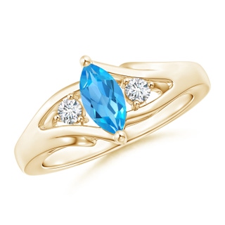 8x4mm AAA Marquise Swiss Blue Topaz Split Shank Ring with Diamonds in Yellow Gold